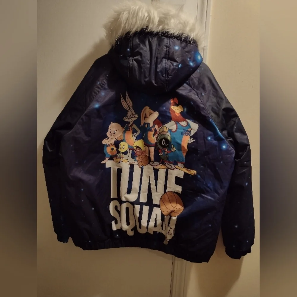 Members Only Looney Tunes Space Jam Blue Bomber Size L Faux Fur Hooded Coat